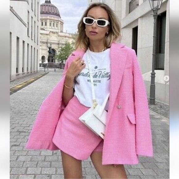 ZARA Pink Tweed Blazer L Textured Bouclé Rhinestone Button Jacket Blogger Viral - Picture 10 of 16